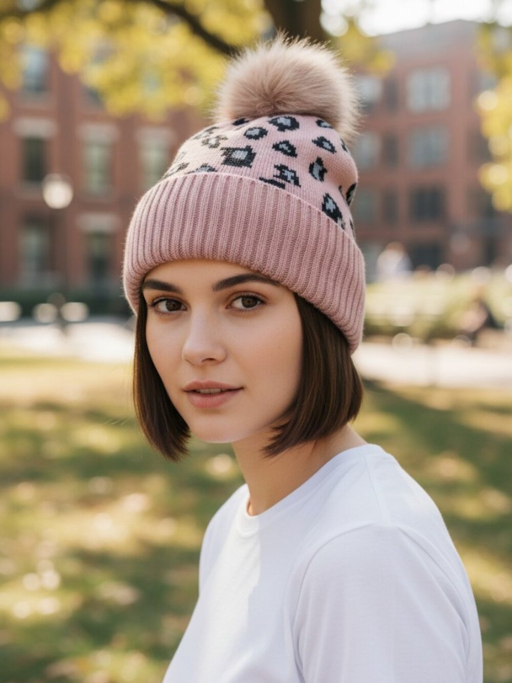Super Cute & Cozy Pink Animal Print Knit Beanie Hat with Pom, One Size